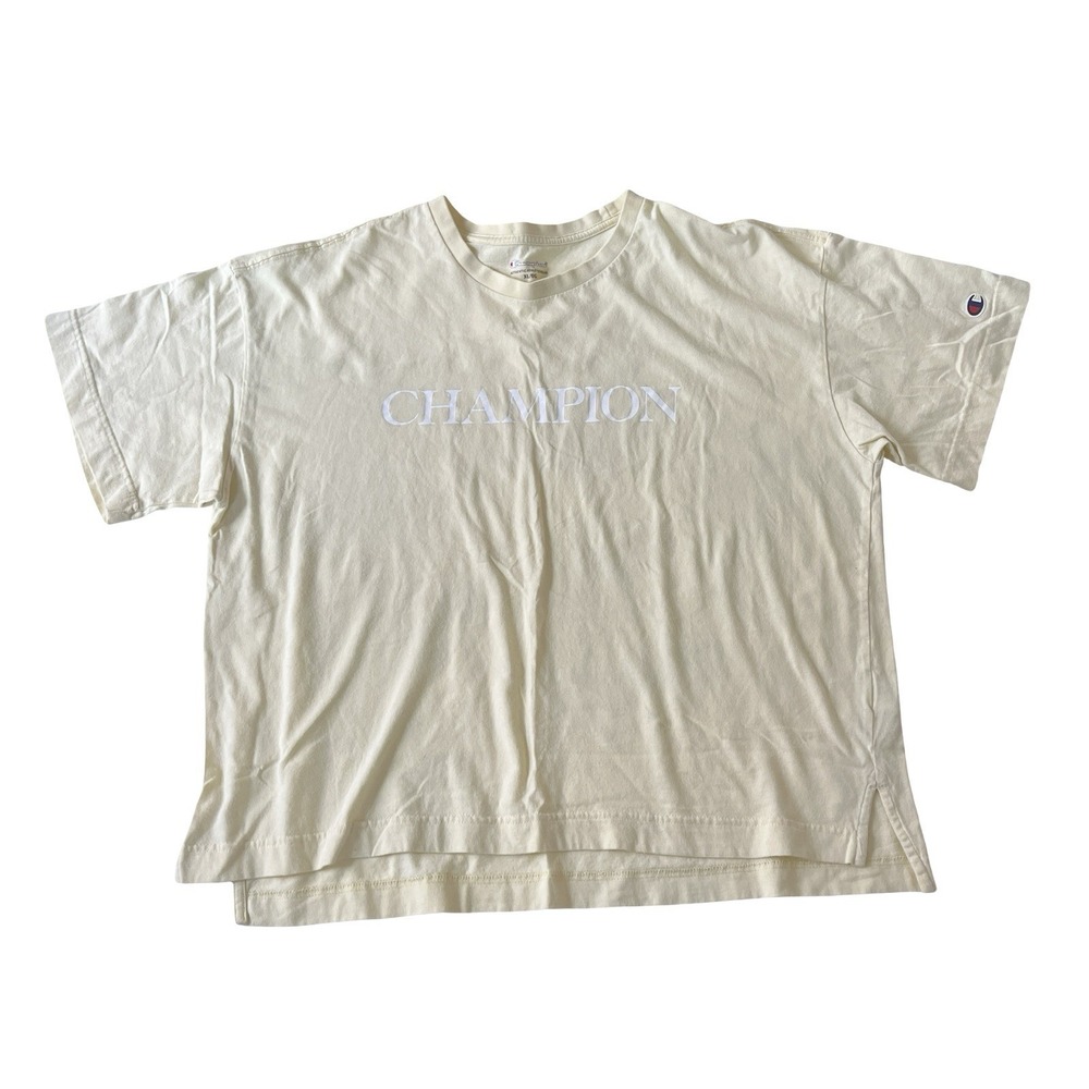Champion Women Size XL T-Shirt Logo Spellout Pale Yellow Boxy Preppy 100% Cotton